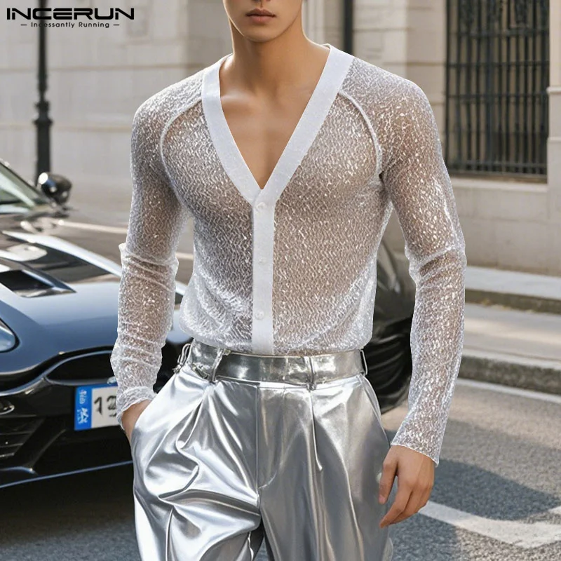 INCERUN Tops 2025 Korean Style Fashion Men's Sparkling Silver Wire V-neck Design Shirt Sexy Casual Male Thin Long Sleeved Blouse