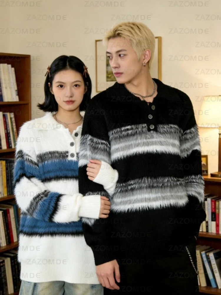 ZAZOMDE 2025 Modern Unisex V Neck Knit Sweater With Contrast Geometric Stripe Pattern And Decorative Minimalist Striking Design