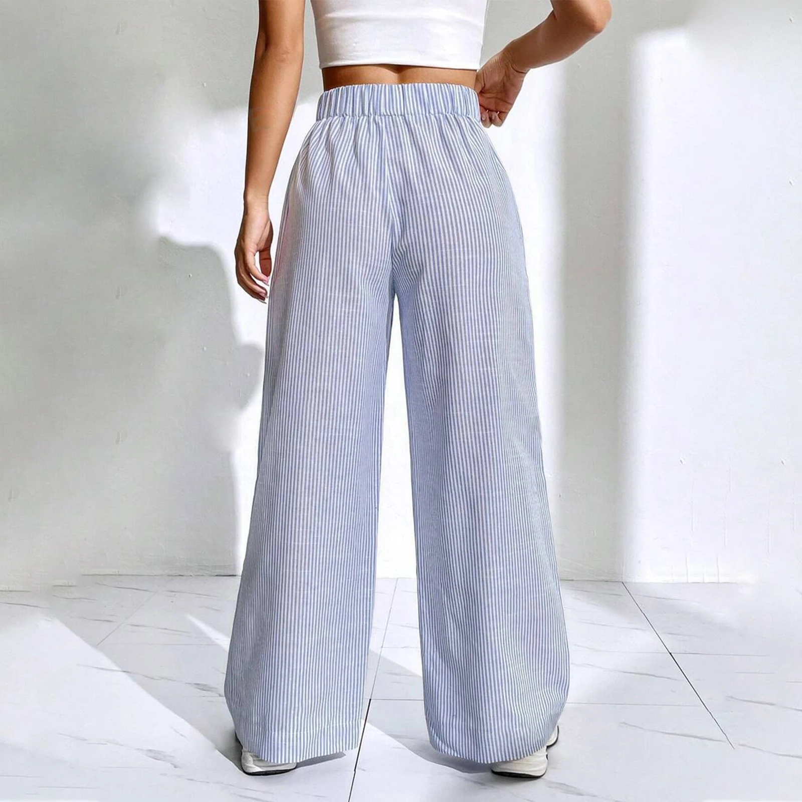 Women's Casual Wide Leg Pants Autumn Stylish Striped High Elastic Waist Loose Fit Long Trousers with Front Pockets Streetwear