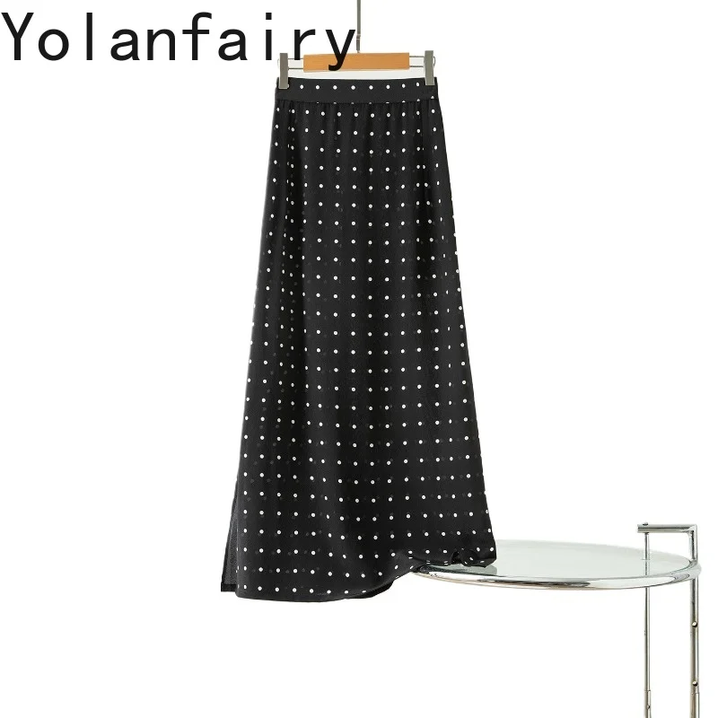 

YOLANFAIRY 100%Real Mulberry Silk Skirts for Women Summer Silk Double Crepe Skirts Long Woman Fashion Polka Dot Skirt Streetwear