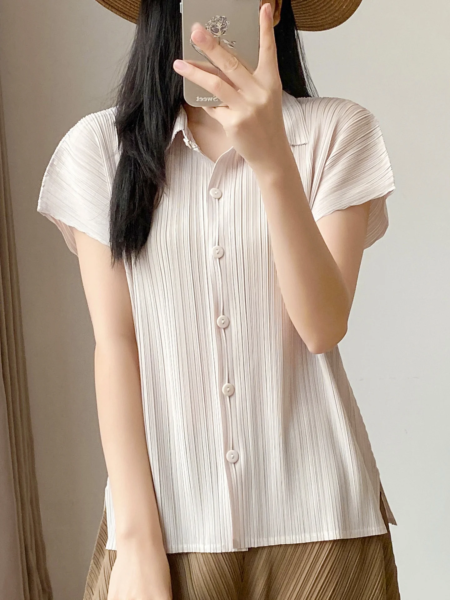 Casual Style Women's Short Sleeve Shirt Textured Pleated Slimming Striped Top Versatile Comfortable Breathable Polyester Fiber