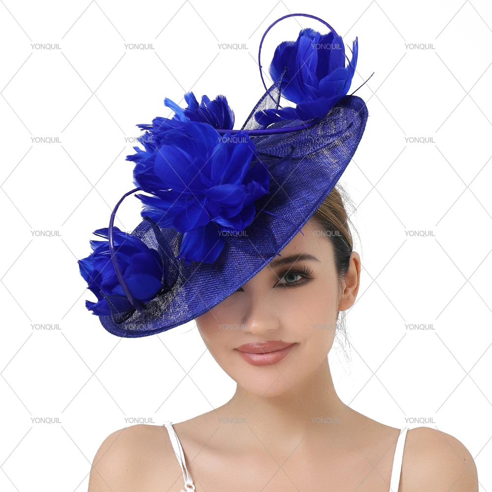 

Blue Vintage Lady Fascinator Hat Elegant Summer Wedding Bridal Church Fedoras Ladies Big Millinery with Feather