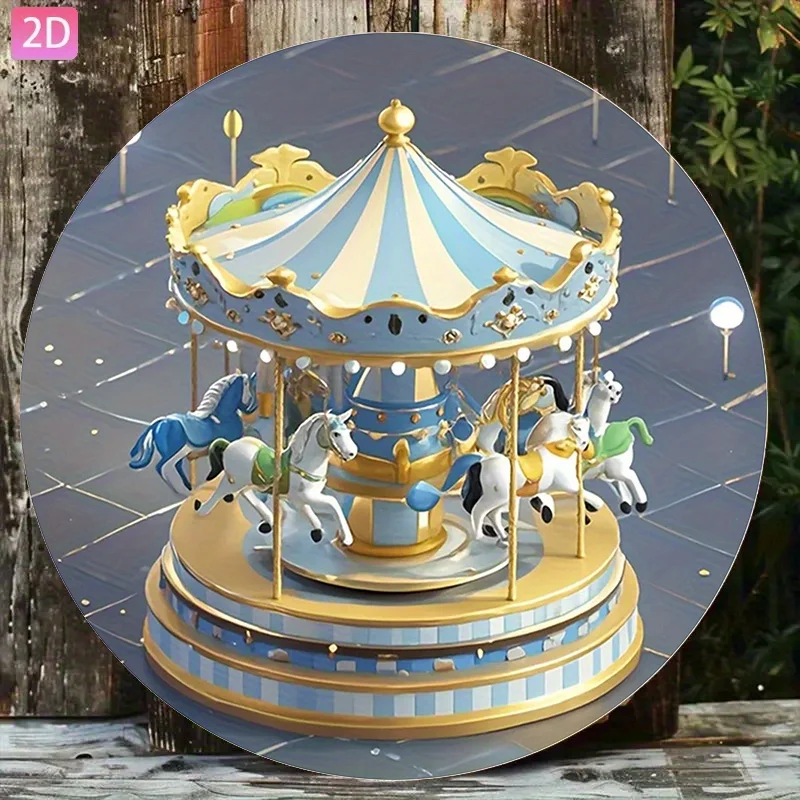 2D Flat, Vintage Carousel Music Box -2D Aluminum Wall Art with Colorful Decorative Elements, Whimsical Barrel Design