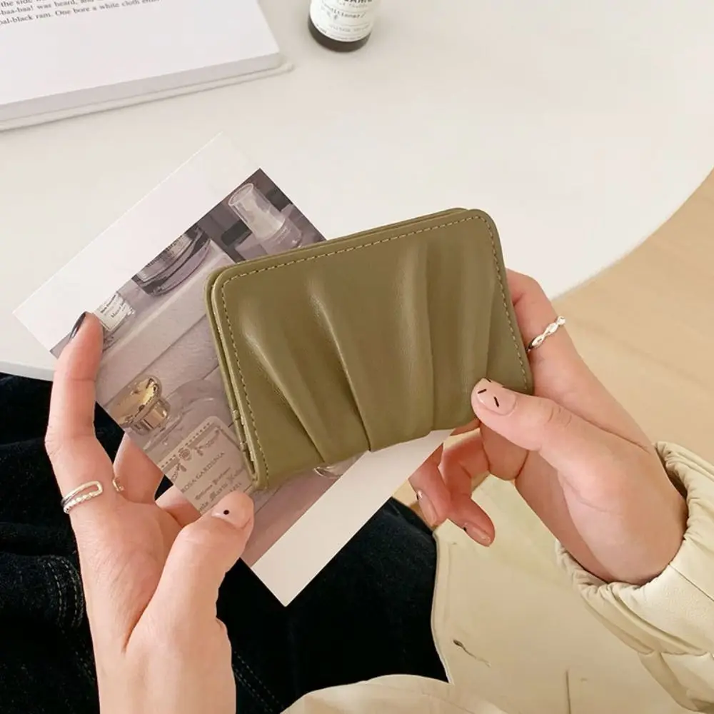 New Wrinkled Card Bag PU Leather Anti Thief Card Holder Ultrathin Solid Color Short Purse Girl