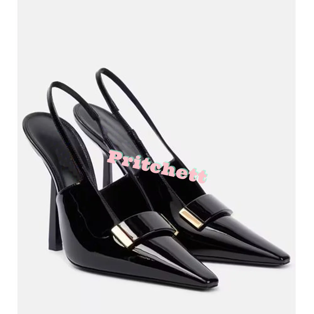 Black Leather Gold Metal Sandals Pointed Toe Slingback Thin High Heels Women Stilettos Solid Ankle Strap Buckle 2025 New Arrival