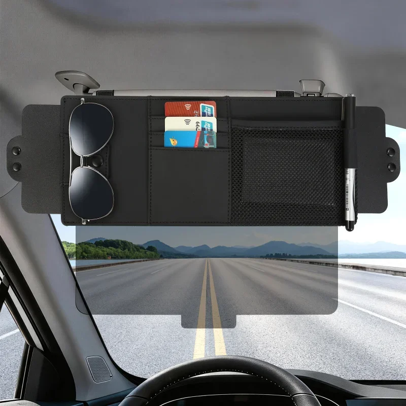 Car Sun Visor Extension Driver Sun Blocker UV Sunlight Extender Leather Sunshade Card Ticket Pen Storage Sunglasses Clip Holder