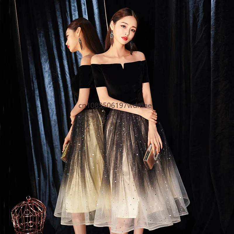 

Women's High Quality Luxury Black Glitter Host Stage Performance One Shoulder Banquet Slimming Princess Cosplay Evening Dress