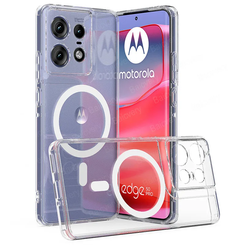 Phone Case Funda Coque For Motorola Edge 50 Pro / 50 Fusion / 50 Ultra Clear Transparent Cover With Magnetic Sticker