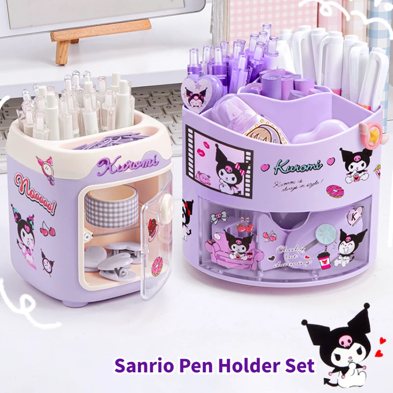 miniso sanrio kurome 360 rotating pen holder kuromi melody desktop organizer caixa de armazenamento de papelaria menina bonito grande capacidade 01