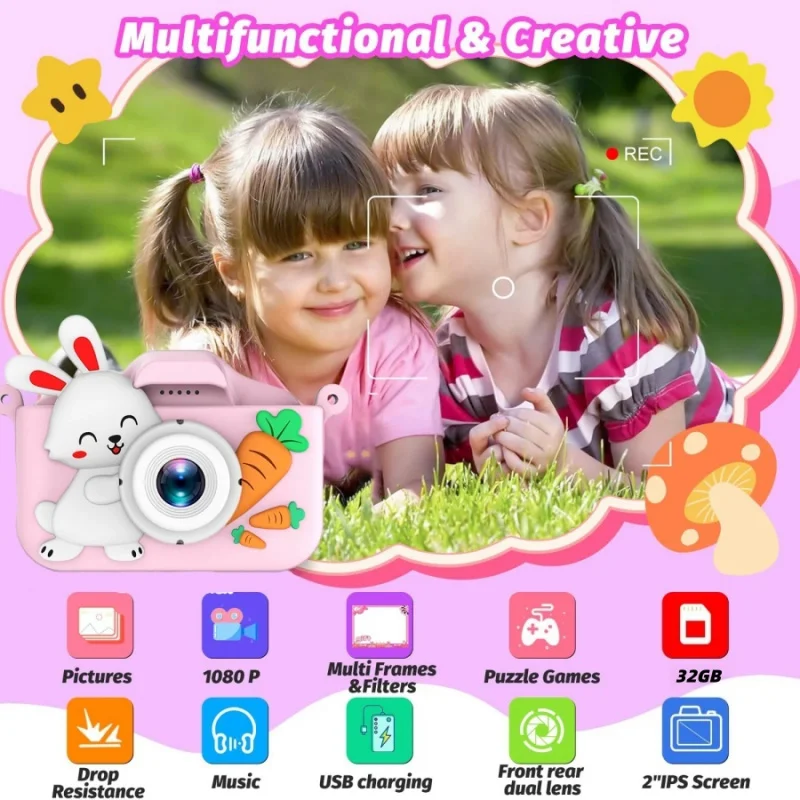 1pc 子供用カメラかわいいウサギニンジン録画と写真撮影 HD デュアルカメラミニおもちゃのカメラ誕生日ギフト音楽プレーヤー