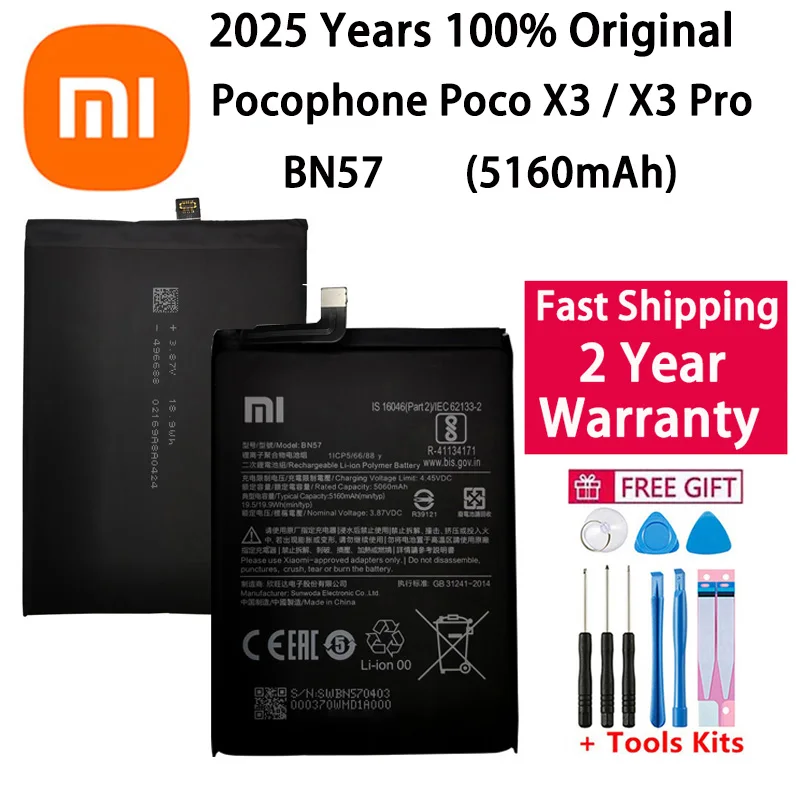 

2025 год 100% оригинальный аккумулятор BN57 5160 мАч для телефона Xiaomi Pocophone X3 NFC/Poco X3 Pro Сменные аккумуляторы Быстрая доставка