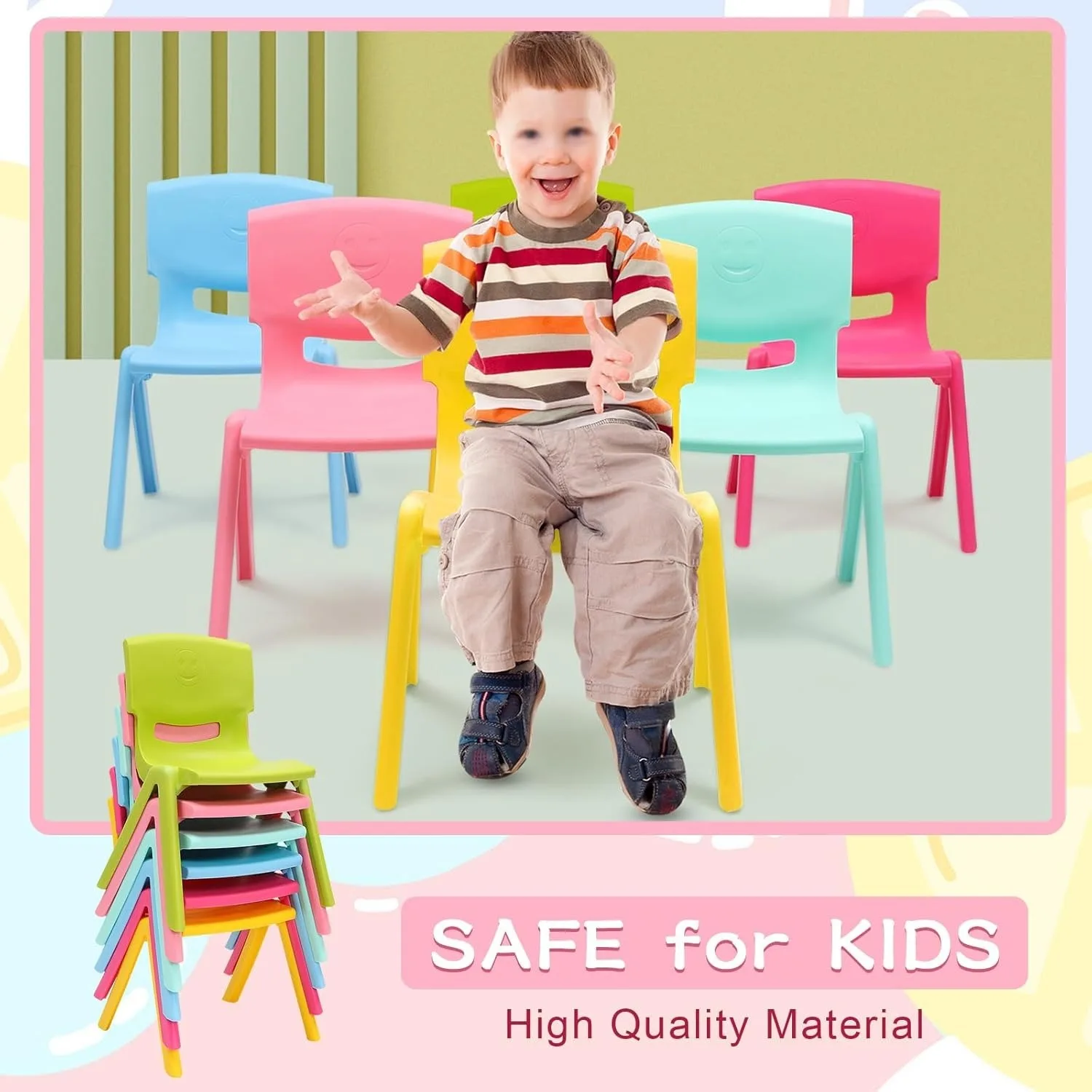 Stackable Stools, 6 Pcs Colorful Plastic Classrooms Chairs for Kids Learning Chairs Indoor Outdoor,Preschool,Daycare Center