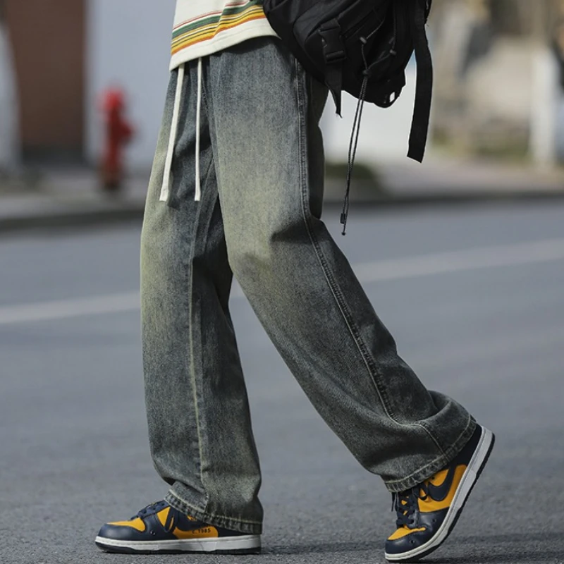 2024 New Jeans Men Korean Style Fashion Versatile Solid Color Loose Straight Drawstring Full Length High Street Denim Pants Male