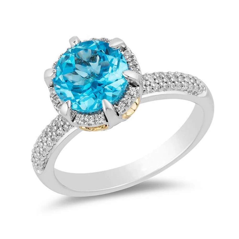 HESHI 8.0mm Swiss Blue Topaz and Cubic Zirconia Frame Rings for Men Women Luxury Party Cocktail Gift