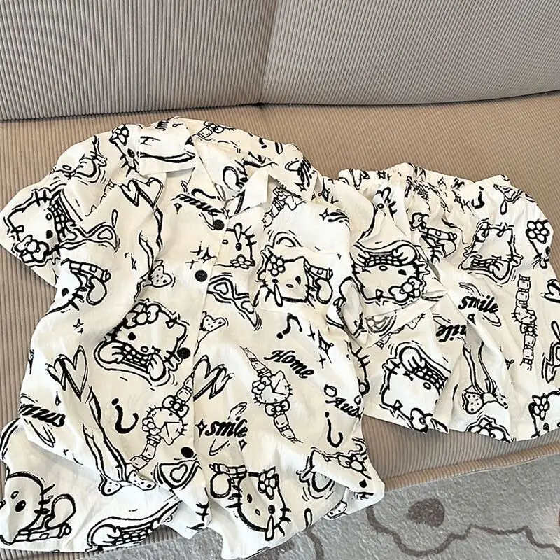 

Женский летний пижамный комплект Hello Kitty в эскизном стиле, легкие шорты с короткими рукавами, готовая одежда для сна и дома на открытом воздухе