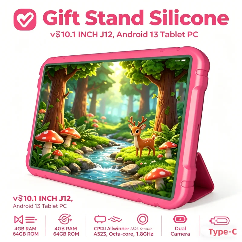 J12 10.1 Inch Q1 Android 13 Tablet PC Allwinner A523 Octa-Core Processor 4GB RAM 64GB ROM, Silicone Case & Gift Stand Included