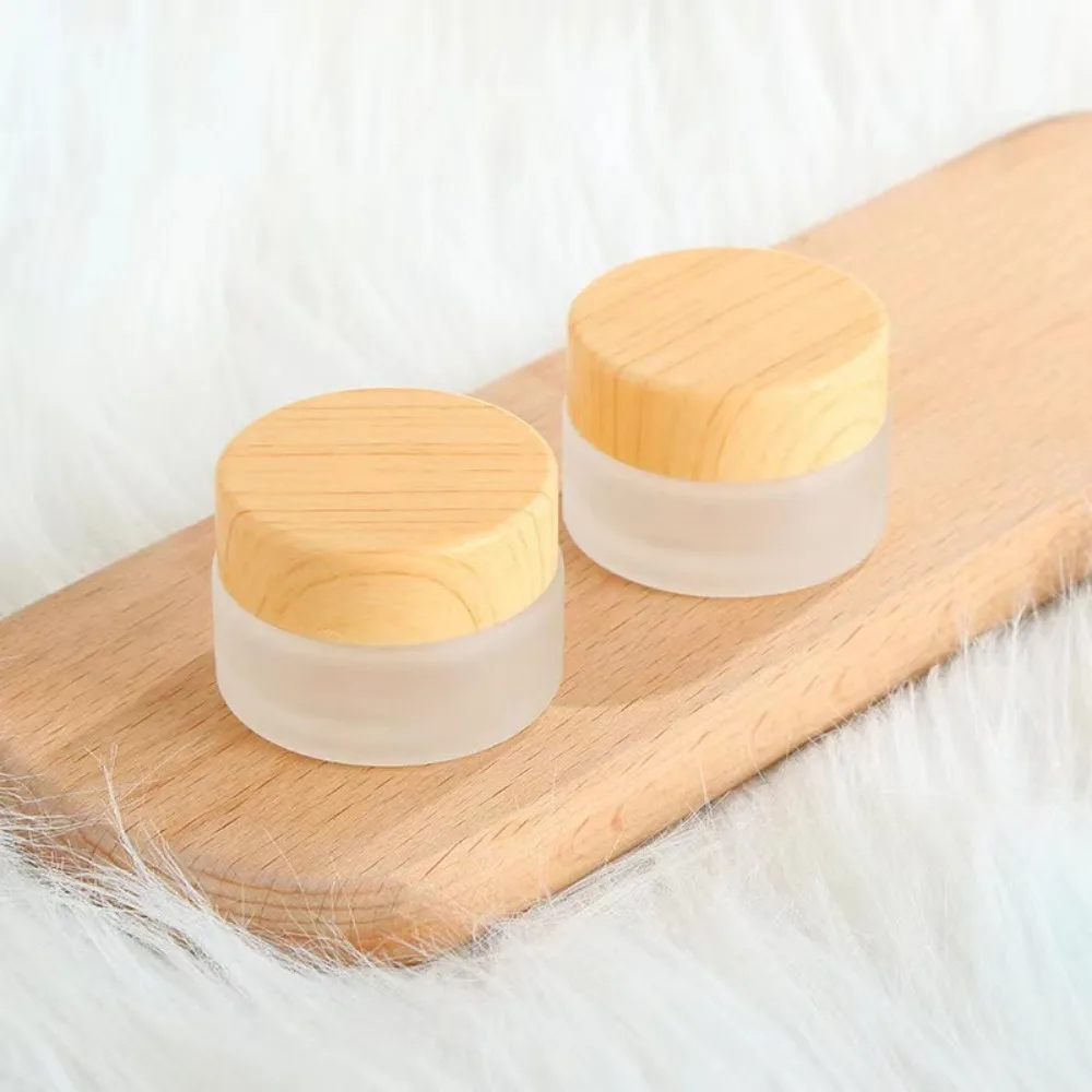 Wood Grain Lid Frosted Glass Cream Jar 5g 10g 15g 20g 30g 50g 60g 100g Okrągła butelka na krem Pojemnik kosmetyczny Słoik Zakrętka