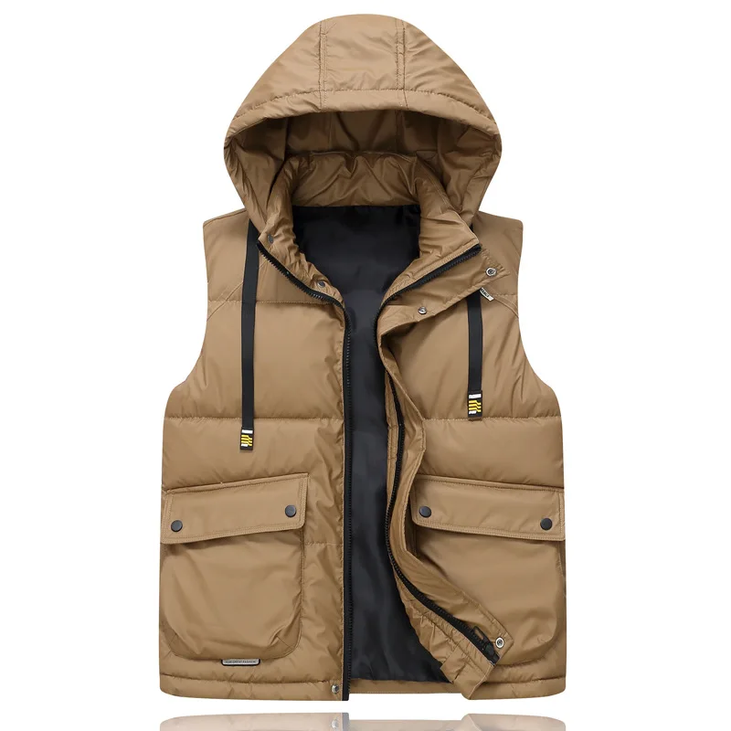 

Men's Solid Color Cotton Vest Autumn Winter Workwear Multi Pocket Fashion Loose Jacket Detachable Cap Warm Women's Top 2025 New