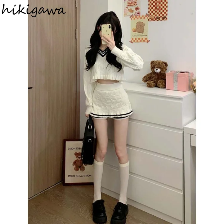 Knitted Outfits Fashion Two Piece Sets Women Clothing V-neck Cropped Pullovers Bodycon Mini Skirt Suit Casual Sweet Y2k Set