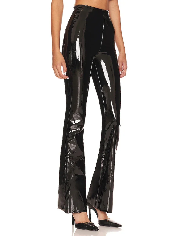 Women Faux Leather Flare Pants Office Lady High Waist  Vintage Shiny PU Leather Bell-bottom Trousers New Support Custom