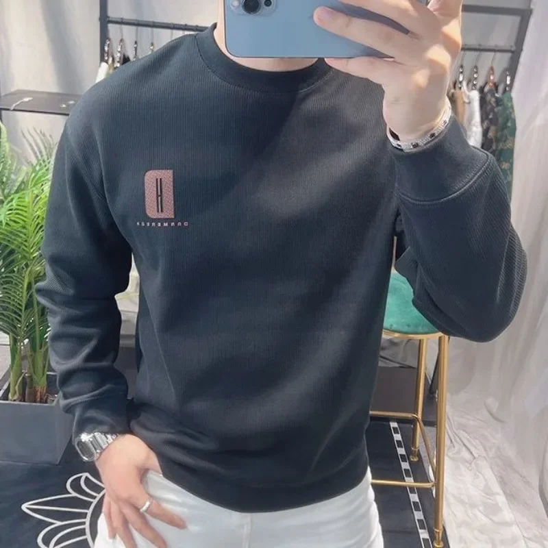 Fleeced Solid Man Pullover Cotton Sweatshirts for Men Printing Korean Style Warm Luxury Y2k Vintage Loose Pastel Color One Piece