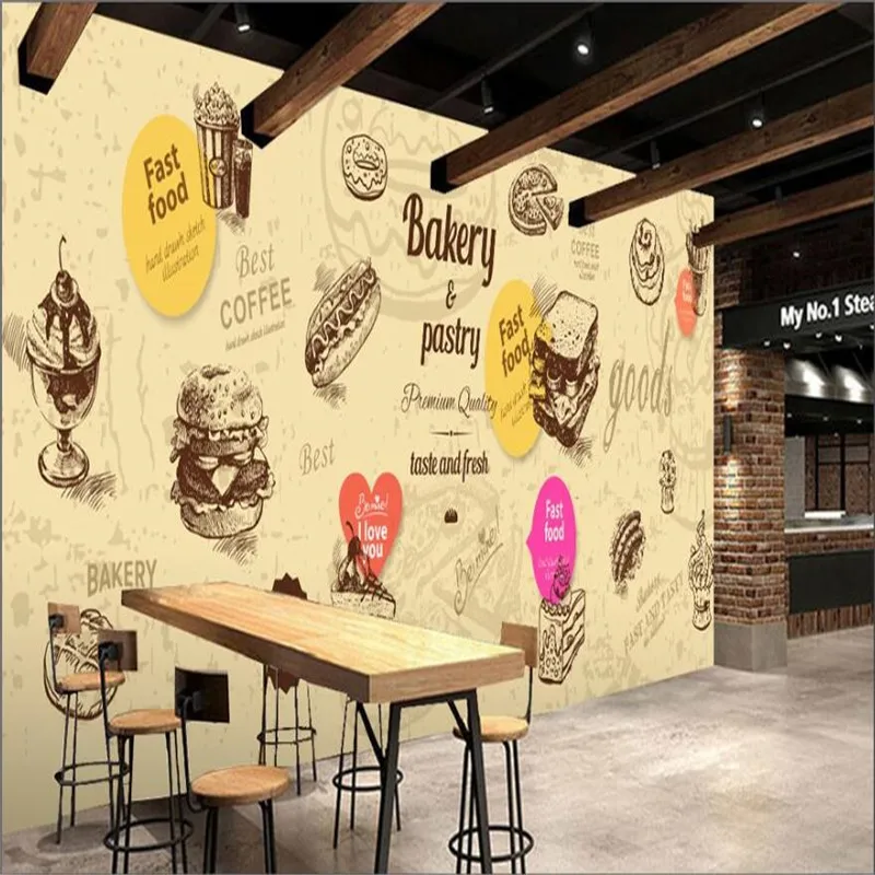 Custom Hand-painted Fast Food Wall Paper 3D Western-style Restaurant Dessert Shop Industrial Decor Background Mural Wallpaper 3D