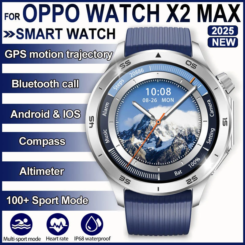 

Для OPPO Watch X2 Спортивные Смарт-часы Мужчины HD Экран GPS трекер Компас Bluetooth вызов Сердечный ритм Водонепроницаемые Смарт-часы 2025 НОВЫЙ