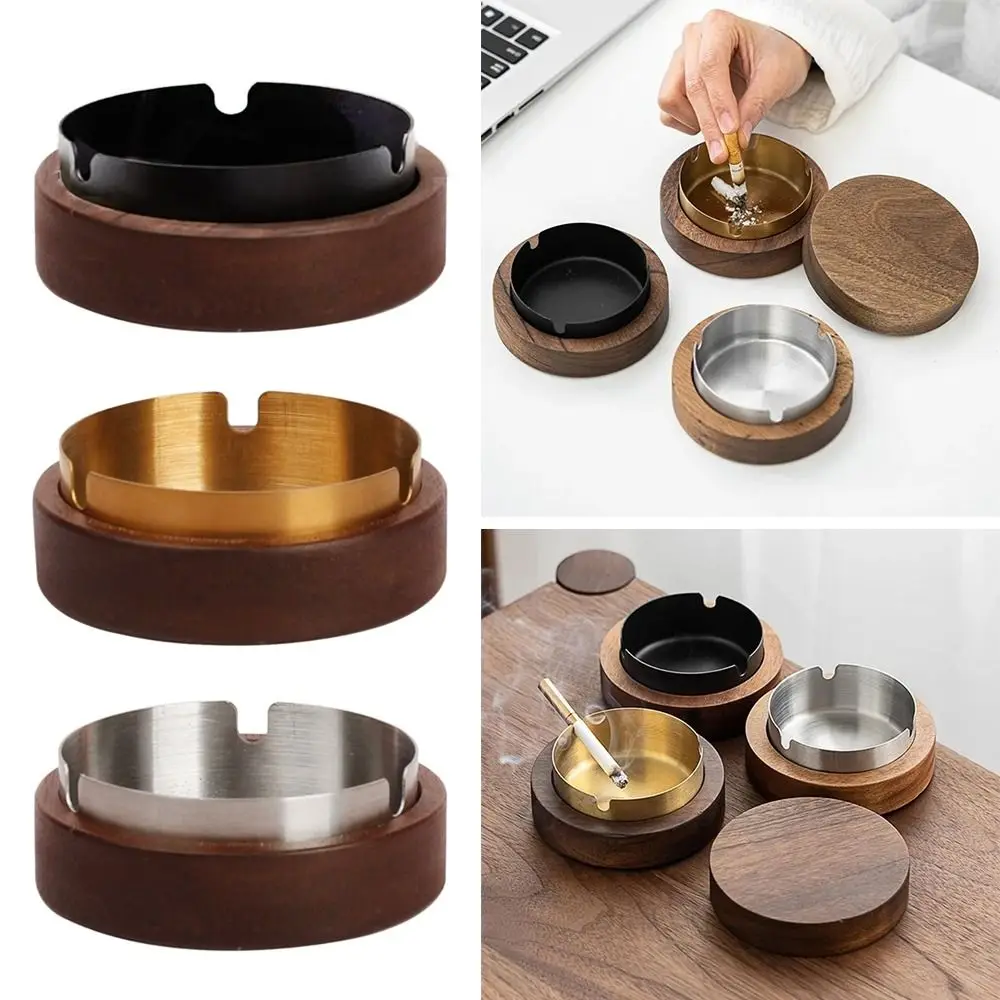 Walnut Wood Ashtrays With Lid Covered Windproof Ashtray With Stainless Steel Liner Indoor Outdoor Ash Tray