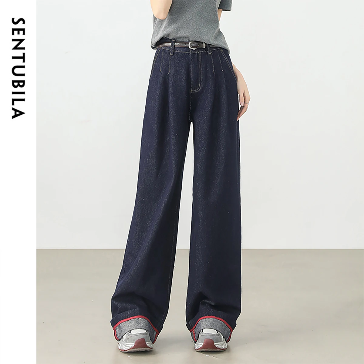 

SENTUBILA Women's Straight Jeans 2025 Fashion Cotton Vintage High Waist Washed Folds Spliced Pockets Trouser Female W51N58828