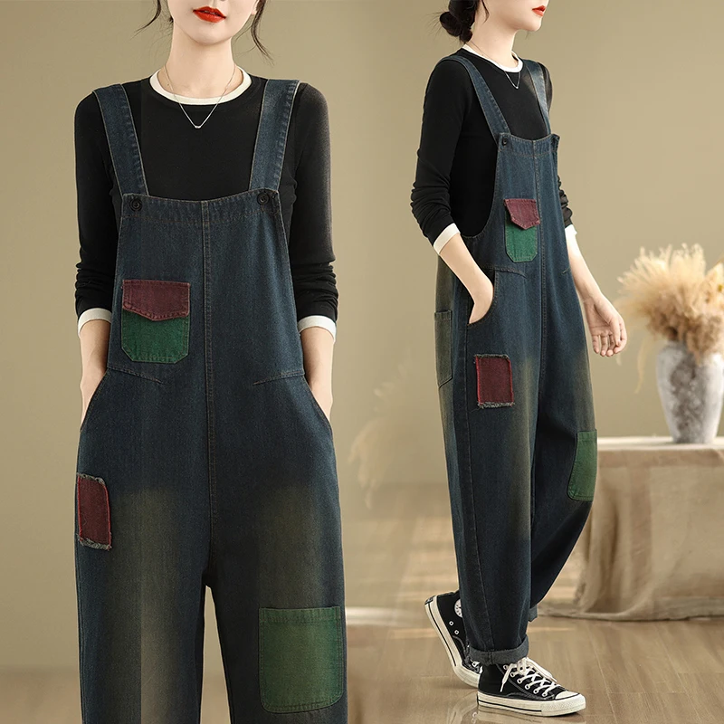 Damskie ogrodniczki dżinsowe na wiosnę i jesień, plus size, dla puszystych, modne, patchworkowe, ukrywające niedoskonałości, spodnie typu harlan, rekreacyjne, ter Dr
