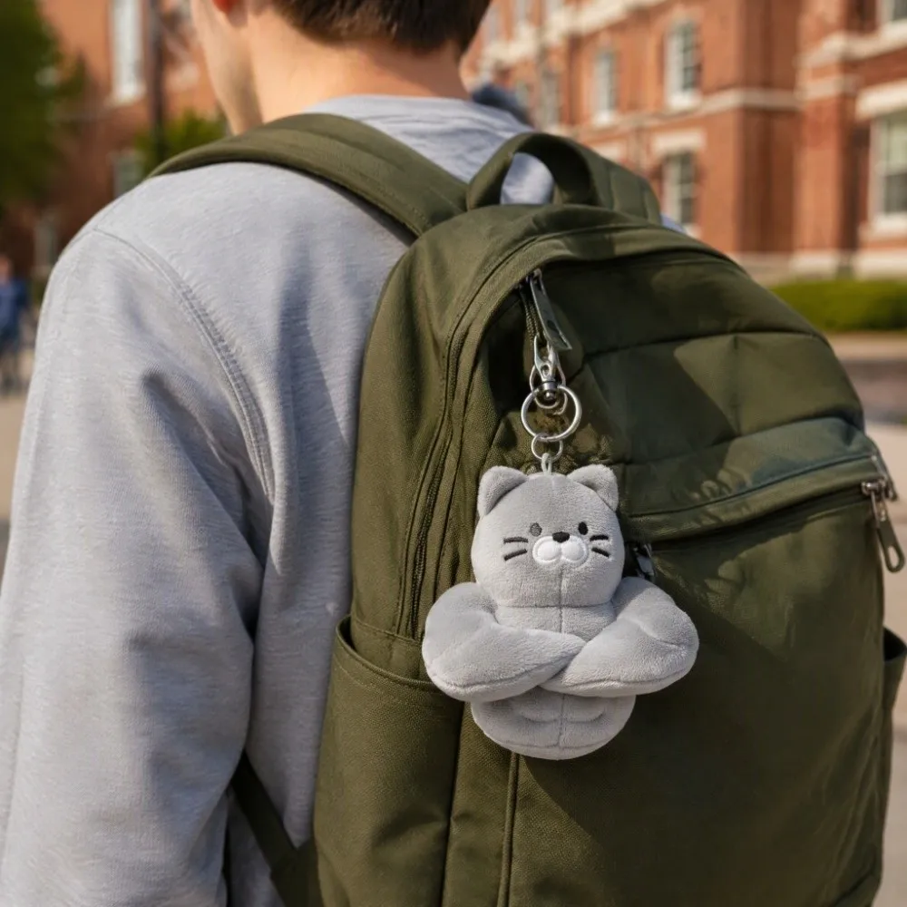 Soft Muscle Cat Plush Keychain Fluffy Gray Color Cat Plush Pendant Muscular Animal Funny Design Cartoon Plush Keyring Men