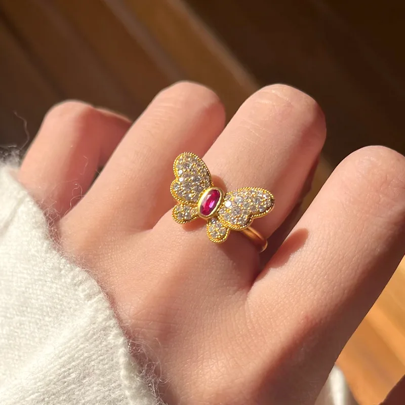 Women AU999 24K Gold Alluring Butterfly Bubble Adjustable Ring, Decor Finger Jewelry Symbolizing Romance And Beauty