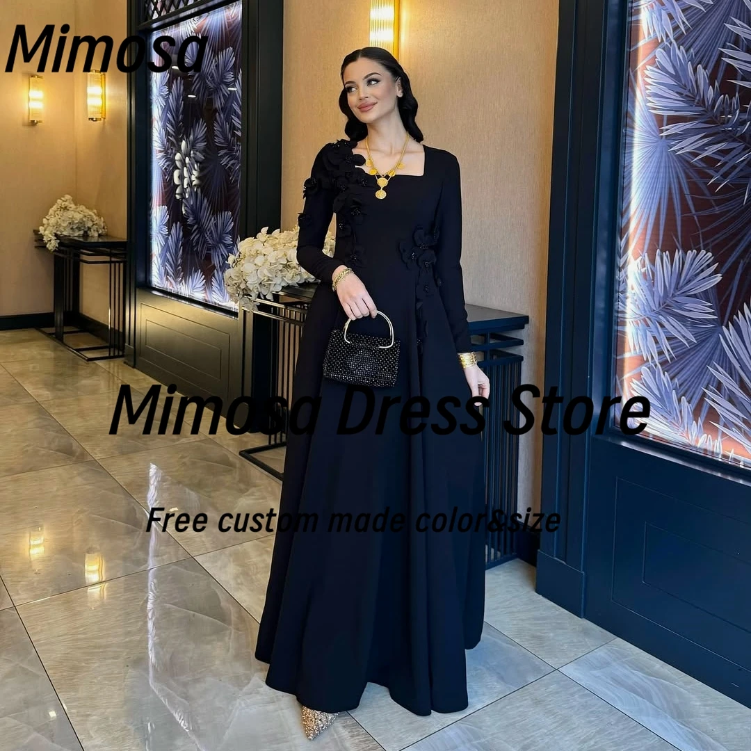 Mimosa-vestidos de fiesta de noche negros, bata de manga larga con cuello cuadrado, flores con cuentas, vestido de fiesta de boda personalizado