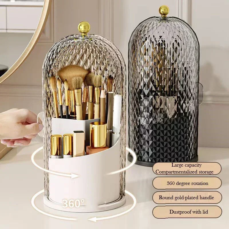 Porta pennelli per trucco con coperchio Diamond Birdcage 360 °   Contenitore per rossetto con scatola portaoggetti per cosmetici antipolvere per organizer per trucco rotante