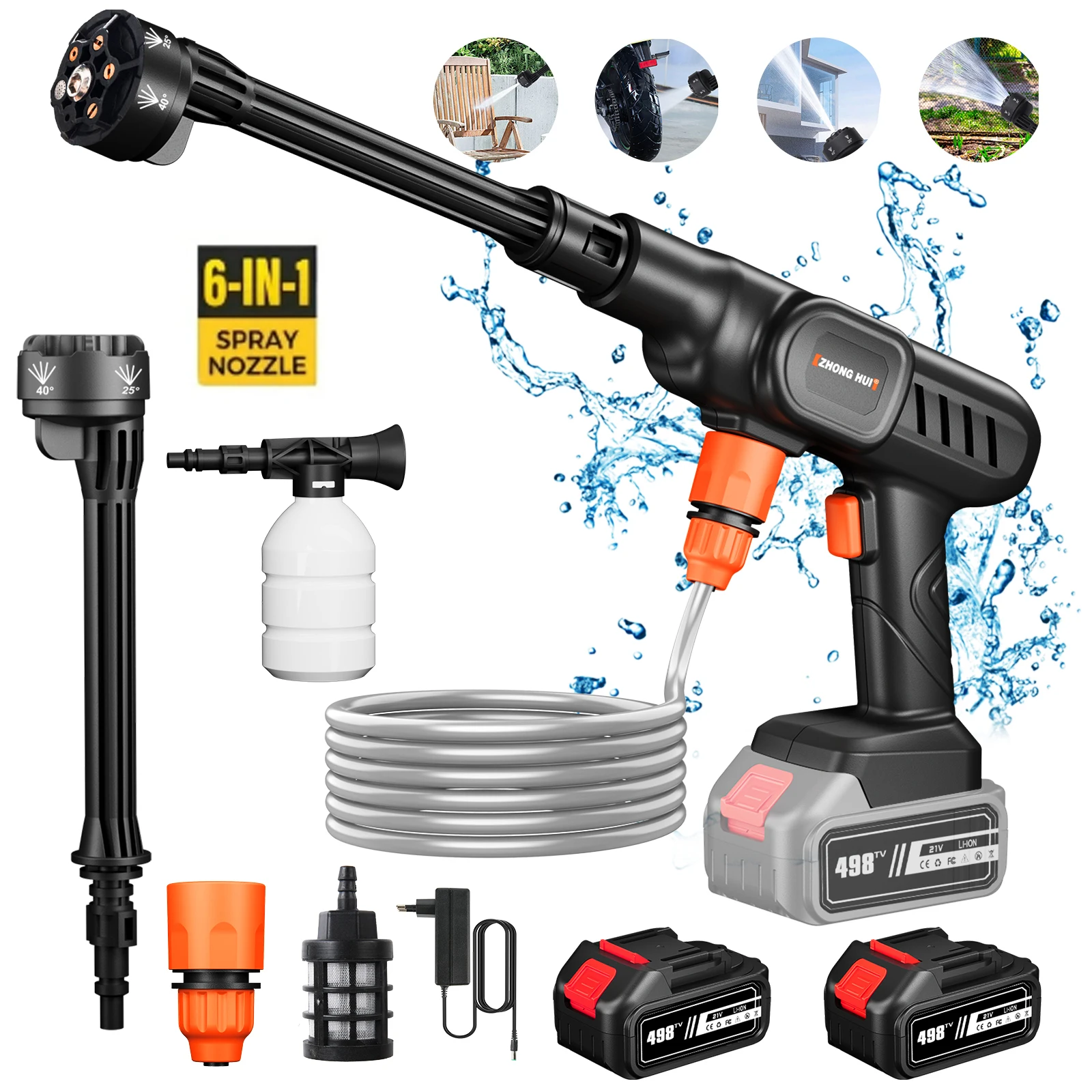 Pistola a Spruzzo Elettrica Senza Spazzole ad Alta Pressione 25 Bar 500W 6IN1 per Pulizia Auto, Giardino, Campeggio, Compatibile con Batterie Makita