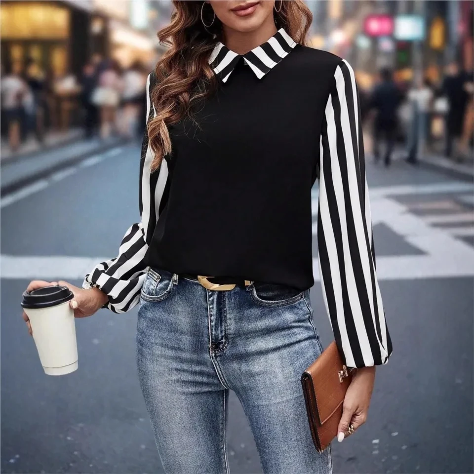 

Women's Casual Lapel Striped Plaid Long-sleeved PoIo Tops Spring Autumn New Loose Fashion Stitching Long-sleeved Female Pullover