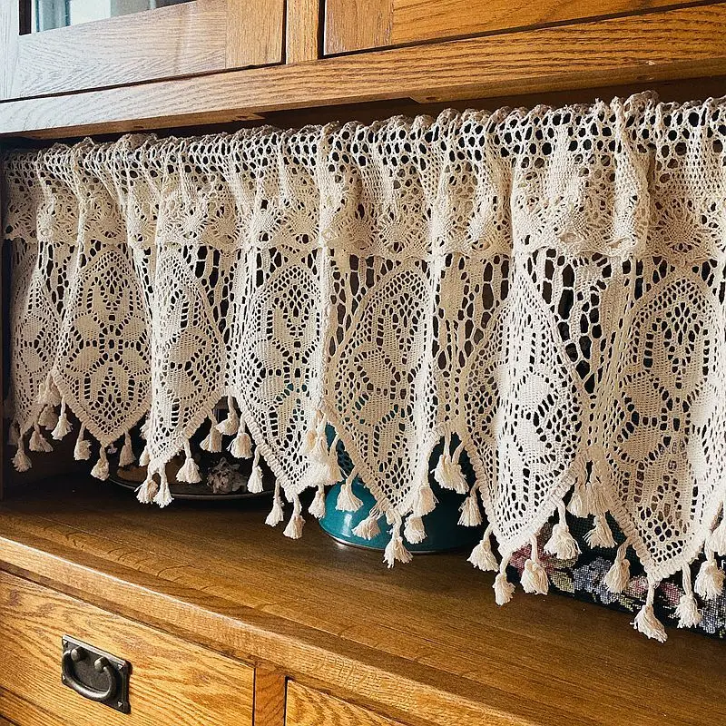Vintage Crochet Lace Short Curtains Half CurtainFor Kitchen Window Cotton Rustic Cafe Curtain Cabinet Cover Dust-proof