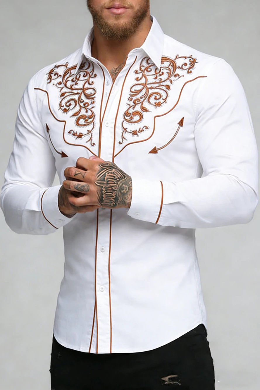 2026 Men's Country Style Long Sleeve White Shirt HD Plant Vine Man 3D Printed Black Shirt Hawaiian Vacation Wedding Top for Men