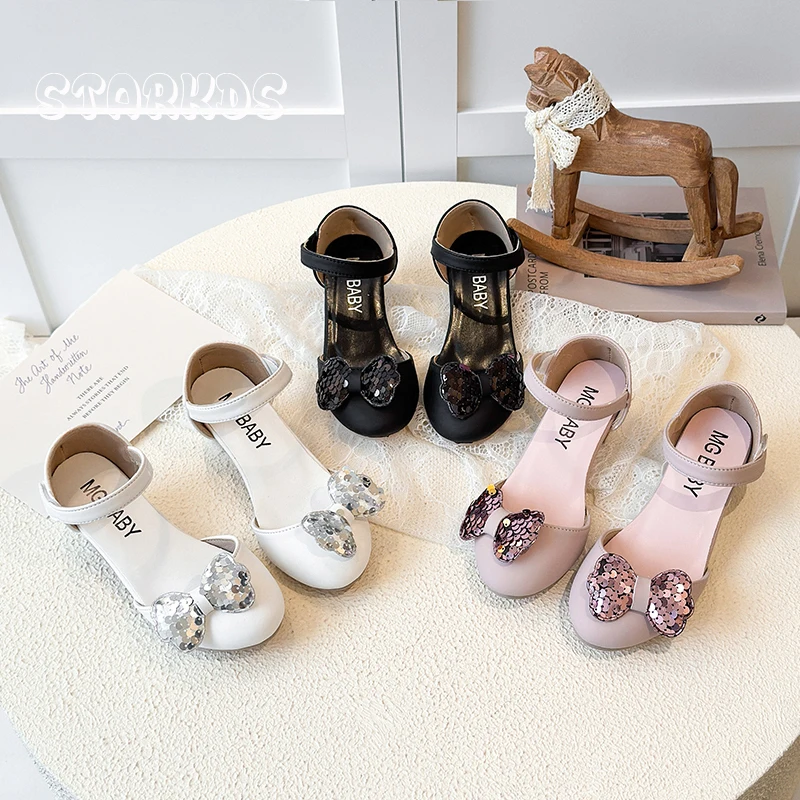 بلينغ الترتر حذاء الرقص طفل فتاة أنيقة جولة تو Bowknot تصميم كعب أحذية الطفل الأبيض الوردي فستان الحفلات الأميرة Zapato #6