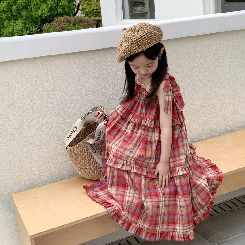 Girls Dress Korean Style 2023 Summer New Fashionable Plaid Suspender Skirt Sweet Plaid Top Shorts Casual Sweet Top for Girls