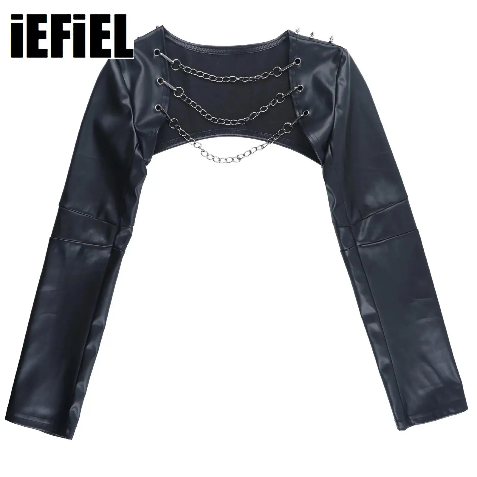 

Женский готический панк-топ с длинными рукавами, съемной цепочкой, из искусственной кожи, укороченный, для рейв-фестивалей, уличной моды, джазовых танцев, куртка