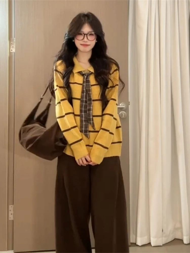 เสื้อสเวตเตอร์ไหมพรมลายทางผู้หญิง สไตล์เกาหลี สีเหลือง ทรงหลวม สวมใส่สบาย เหมาะสำหรับฤดูหนาว