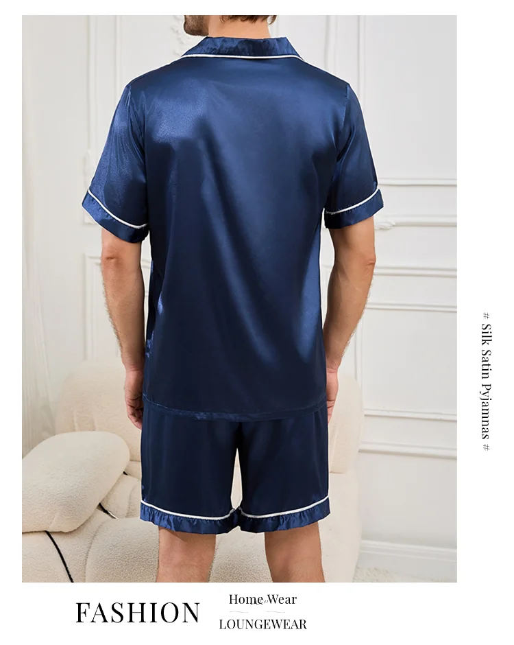 Herren-Pyjama-Set aus Satin, kurzärmelig, Sommer-Nachtwäsche für Herren, Button-Down-Hemd und Shorts mit elastischer Taille, Pyjama, Heimkleidung, 2-teilig – Detail 12