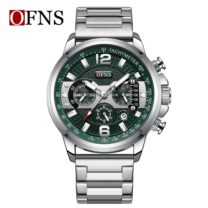 OFNS 1304 New Men's Quartz Watch Fluorescent Cool Fashion Calendar Bar Nail Scale Stainless Steel Strap Wristwatch for Male