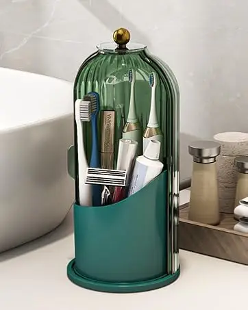 Toothbrush and Toothpaste Holders with Cover, All Pink | Waterproof and Dustproof, 360° Rotating Base, Smooth Sliding Door, 3 Slots, for Bathroom Countertop