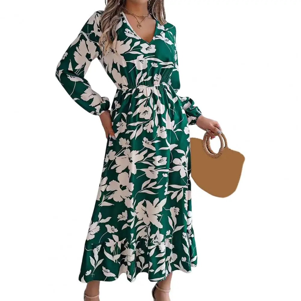 Printed Dress Elegant Floral Print V Neck Midi Dress with Ruffle Hem Women's Spring Fall A-line Dress for Dating Shopping Floral