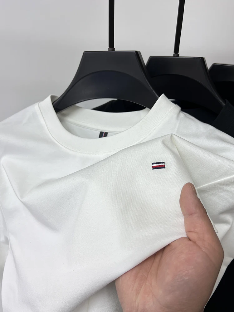 

New Spring and Autumn Men's Casual Solid Color Round Neck T-shirt Long Sleeve High-end Business Striped Embroidered T-shirt Top