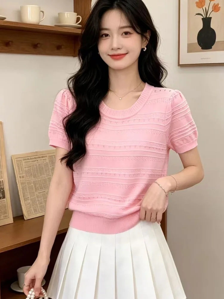 Knitted Sweater Women Pullovers New Summer Black Short Sleeve Knit Sweater Pullover Women Tops O-neck Women Clothing 2026