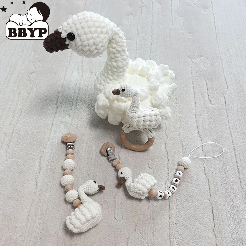 Customized name Handmade Crochet Animal Baby Teether Toy Wooden Newborn Swan Stuffed Doll Cotton Towel Pacifier Chain Baby Gift
