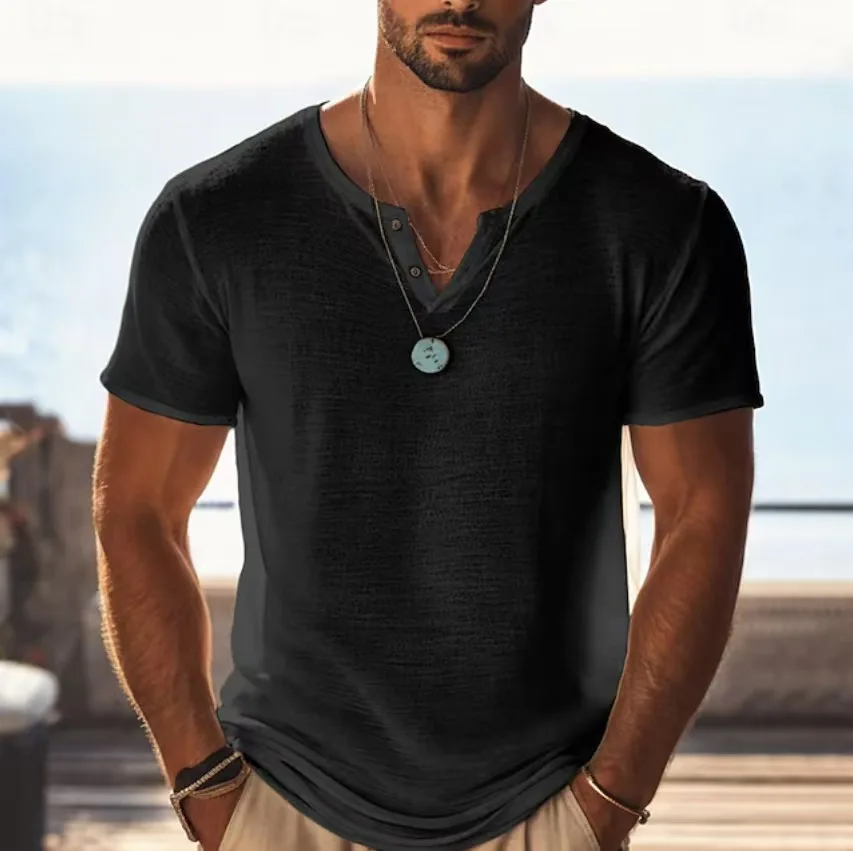Summer New Henley Shirts Men's Fashion Tees Tops Button V-neck Short Sleeve Solid T Shirt Man